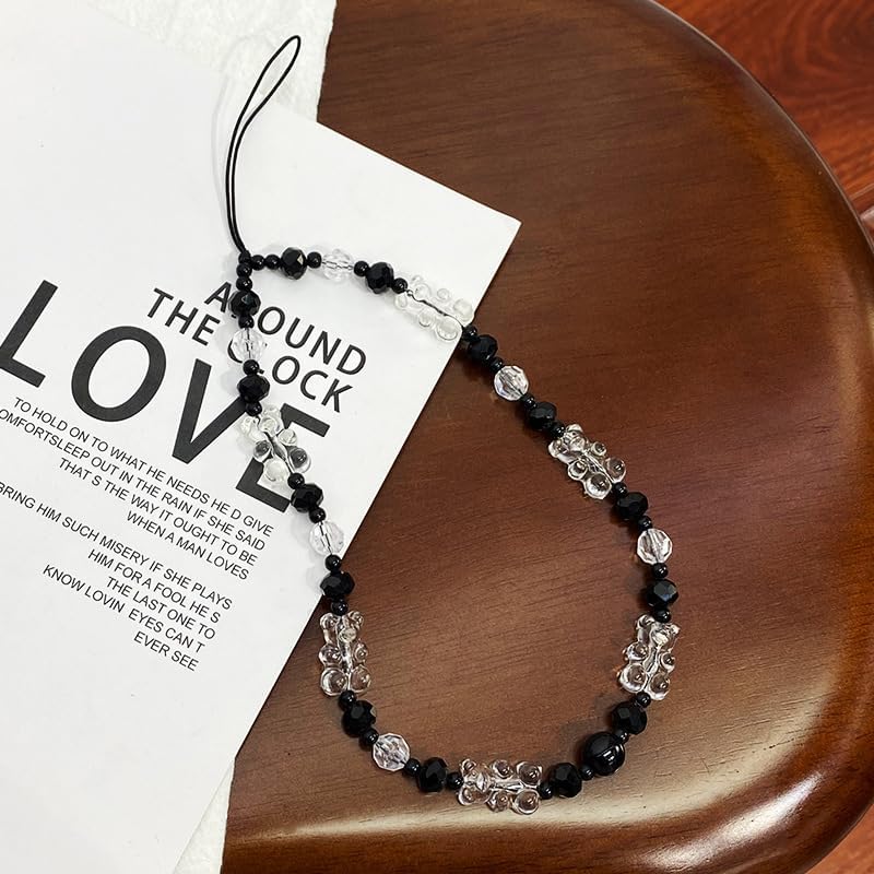 WCCH Beaded Phone Charm Y2K Kawaii Handmade Acrylic Phone Lanyard Wrist Strap for Camera Bag Airpods Keychain Charm Black and White Small Bear - Image 5
